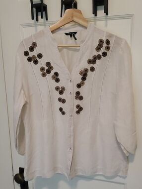 NIC+ZOE Silk-linen Blend Blouse With Parasol Accents